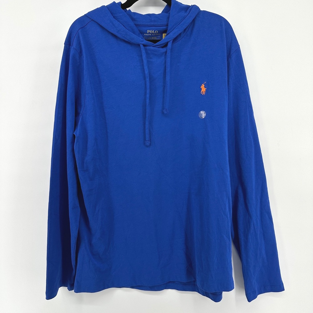 Polo Ralph Lauren Mens Blue Long Sleeve Hooded T-Shirt Orange Pony Logo L NWT